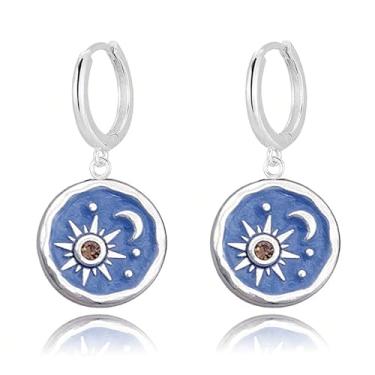 Imagem de MALOYANVE Brincos de argola vintage com pingente de sol e lua, estilo boho retrô feito à mão, prata, ouro, preto, design de moeda redonda, joia celestial para mulheres, Medium, Liga de aço, Sem pedra