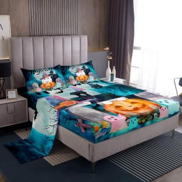 Imagem de jejeloiu Jogo de lençol Queen para decoração de Halloween para crianças, meninos, meninas, gato branco, fantasma, com bolsos profundos de 40 cm, casas assombradas, 4 peças com 2 fronhas