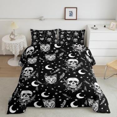 Imagem de jejeloiu Jogo de cama solteiro com caveira gótica, esqueleto de açúcar, gato, lua e ossos, respirável, preto e branco, 1 edredom com 1 fronha