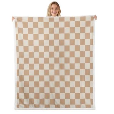 Imagem de Cobertor quadriculado de café reversível geométrico xadrez quadrado de lã, decoração de quarto de meninos, malha macia xadrez aconchegante para cama, sofá, macio e respirável (152 x 203 cm)