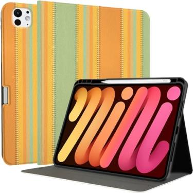 Imagem de MAYCARI Capa para iPad com listras laranja verde outono para iPad Pro (M4) 2024 13 polegadas com suporte para lápis feita à mão iPad Pro 5ª geração, capa rígida protetora para iPad Pro de grão fino