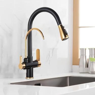 Imagem de Torneiras Misturadoras De Cozinha De 3 Vias Com Torneira De Filtro De água Potável, Torneira De Cozinha De Latão Com Spray Removível, Torneira De Cozinha Giratória De 3 Vias De, Black+gold