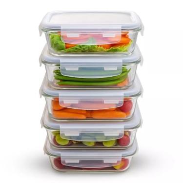 Imagem de Kit Conjunto 5 Potes de Vidro Hermético 640ml Retangular com Tampa de alta vedação Vidro Borossilicato BPA free 4 Travas Marmita Transparente organização de cozinha