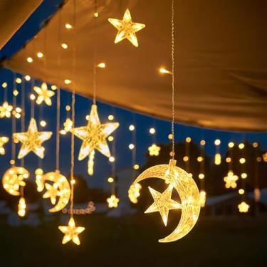 Imagem de Luzes de cortina LED lua e estrela, decorações de Natal de 2,5 m, cordão de luzes internas, luz cintilante de fada para quarto, decoração do Ramadã, funciona com bateria ou plugue USB, branco quente