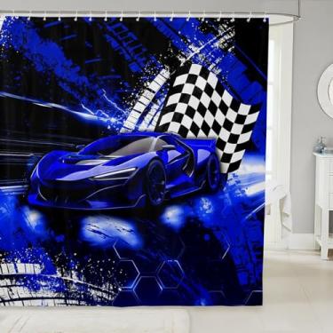 Imagem de Feelyou Cortina de banho de carro de corrida para crianças, meninos, meninas, 183 x 198 cm, velocidade, esportes radicais, à prova d'água, estampa de favo de mel, conjunto de cortina de chuveiro de