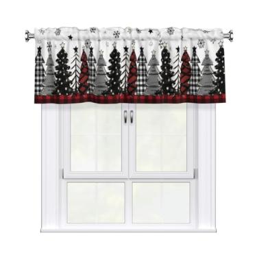 Imagem de Cortinas de Natal, árvore de Natal, floco de neve, vermelho, preto, buffalo, xadrez, cozinha, sanefa, inverno, férias, cortinas curtas, tratamento de janela, para sala de estar, quarto, banheiro