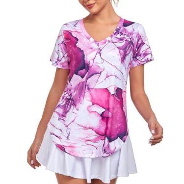 Imagem de Camisa de treino Alovien, manga curta, solta, decote em V, feminina