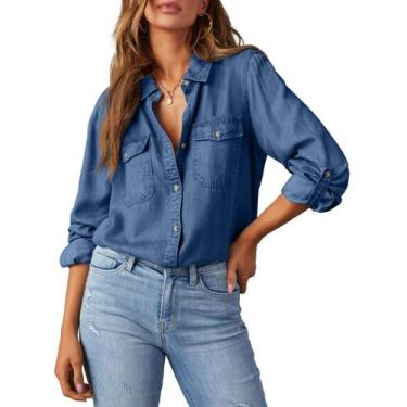 Imagem de Camisa feminina elegante, jeans com botões, decote em V, azul vela - A