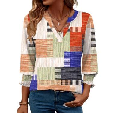 Imagem de Camiseta feminina LOMON com decote em V e manga 3/4, blusa casual