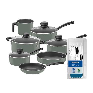 Imagem de Conjunto de Panelas 7 Peças Tramontina Versalhes Starflon Max Verde + Faqueiro 12 Peças Tramontina Leme Azul