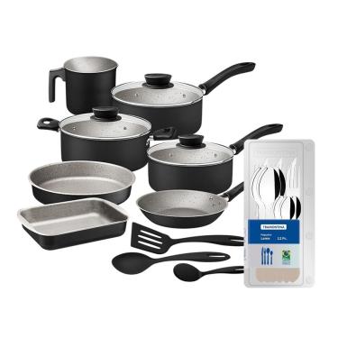 Imagem de Conjunto de Panelas 10 Peças Tramontina Linz Starflon Max Preto + Faqueiro 12 Peças Tramontina Leme Cinza