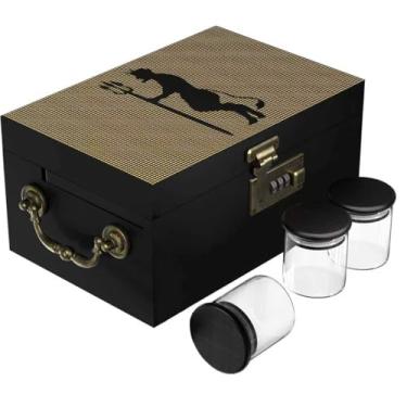 Imagem de Caixa de bambu grande com trava de combinação, caixa decorativa gravada com chifre com alça, conjunto de caixa de armazenamento, divisórias removíveis, bandeja de rolo, frascos de vidro, cartão de