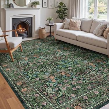 Imagem de Othilic Tapete floral lavável para sala de estar – 25,5 x 35,5 cm, grande, verde-escuro, boêmio, resistente a manchas, vintage, botânico, macio, para quarto, escritório, sala de jantar, tapetes