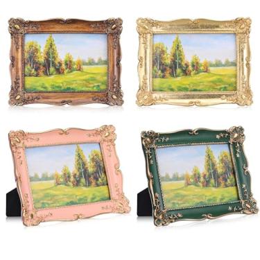 Imagem de Kathfly Conjunto de 4 porta-retratos vintage pequeno, 12,2 x 20,3 cm, antigo, retangular, ornamentado, com flor dourada em relevo, retrô, decoração de casa, para exibição de fotos de mesa