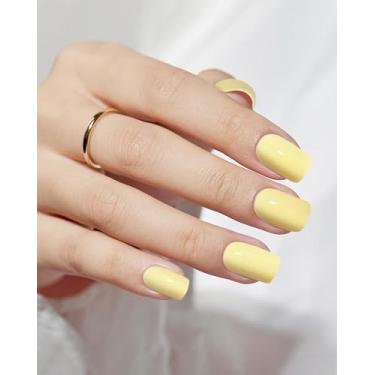 Imagem de 24 peças de unhas curtas quadradas com cola gelatinosa, kit reutilizável de unhas postiças de gel macio para mulheres e meninas com recurso de revestimento protetor UV, faça você mesmo, unhas amarelas