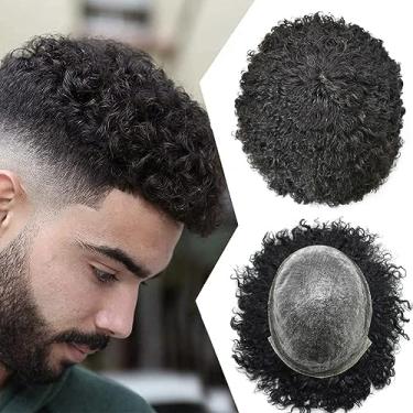 Imagem de Toupee Afro para homens negros, sistema de substituição de cabelo totalmente poli crespo encaracolado pele afro enrolada unidades de cabelo trama PU para homens afro-americanos peruca afro-americana