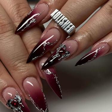 Imagem de RTKHFZE Pregos de pressão para o dia dos namorados, ombré, unhas de estilete gradiente, unhas postiças longas de acrílico com design de joias, cola roxa framboesa nas unhas, para presente de Natal