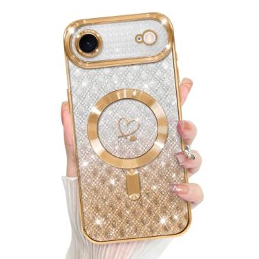 Imagem de Bonoma Compatível com Plus Case 2025 suporte para MagSafe, capa quadriculada magnética com glitter coração chapeado TPU proteção para câmera capa traseira para meninas e mulheres - ouro