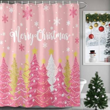 Imagem de Cortinas de chuveiro de árvore de Natal rosa para banheiro Feliz Natal rosa dourado branco árvore de Natal inverno floco de neve conjunto de cortina de chuveiro à prova d'água com 12 ganchos de