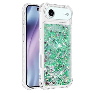 Imagem de Capa de telefone à prova de choque para iPhone Air com glitter líquido de areia movediça e corações flutuantes, capa de TPU de camada dupla reforçada com 4 cantos, protetor de telefone seguro