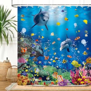 Imagem de ZXMBF Cortina de chuveiro oceano mundo subaquático golfinho peixes tropicais coloridos coral no fundo do mar recife banheiro decoração de banheira tecido impermeável 182 cm C x 182 cm L com 12 peças