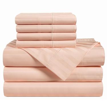 Imagem de Casa Platino Conjunto de lençóis King divididos 100% algodão egípcio – 7 peças – listras damasco – Conjunto de lençóis King divididos de hotel de luxo para camas ajustáveis, totalmente elástico com