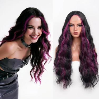 Imagem de Peruca Aida ble Long Wavy Curly Black Mix Hot Pink 70 cm para mulheres