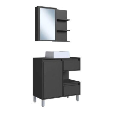 Imagem de Gabinete 80cm Paula Grafite com Espelheira Porta Cuba Branca Em Mármore Sintético De Banheiro