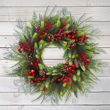 Imagem de Guirlanda de Natal de 61 cm com frutas vermelhas, pinhas e vegetação – Guirlanda de cedro artificial para casa de fazenda, decoração de casa de inverno em ambientes internos e externos