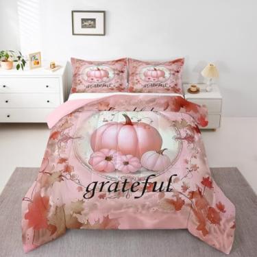 Imagem de Erosebridal Conjunto de edredom queen com abóboras e colheita de outono, casa de fazenda, retrô, dia de Ação de Graças, casa de fazenda, folha de ácer, conjunto de colcha de outono