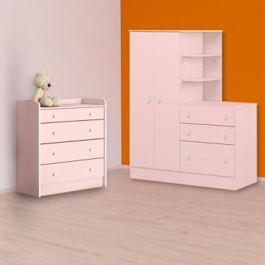 Imagem de Infantil Guarda Roupa C/ Cômoda e Cômoda Trocador Rosa - Qmovi