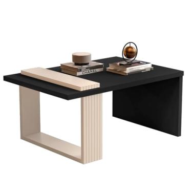 Imagem de Mesa de Centro Retangular para Sala com Pés Ripados Apoio Lateral Decoração Moderna(Preto/Off White)