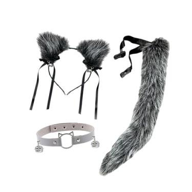 Imagem de KiBcsLic 3x conjunto de orelhas e cauda de gato para aniversário, show de palco, fantasia, baile de máscaras, Cinza Brilhante