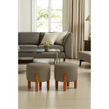 Imagem de Kit 2 Puffs Sala Redondos Eros Linho Banqueta Pés Madeira Retrô Decorativo