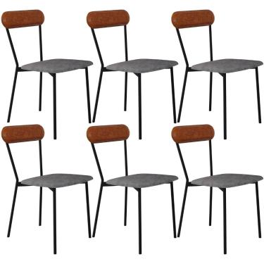 Imagem de Kit 06 Cadeiras Estofada Para Sala de Jantar Liora Preto C01 Linho Prata Courino Caramelo - Lyam Decor