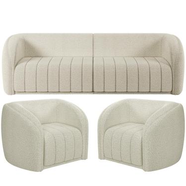 Imagem de Kit Sofá 04 Lugares Para Sala 252 cm com 02 Poltronas Lazio M03 Bouclê Bege Claro - Lyam Decor