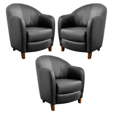 Imagem de Kit 3 Poltronas Decorativas Sala de Estar Pés Madeira Kairós Couro Preto - Gran Belo