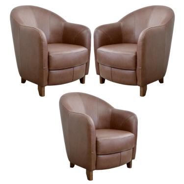 Imagem de Kit 3 Poltronas Decorativas Sala de Estar Pés Madeira Kairós Couro Caramelo - Gran Belo