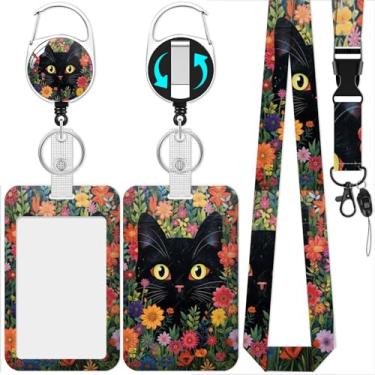 Imagem de Fjdcslwx Cordão com suporte de identidade, porta-crachá de flor de gato preto com cordão retrátil, suporte de identificação com clipes de carretel de crachá, chaveiro de animal, etiqueta de nome para