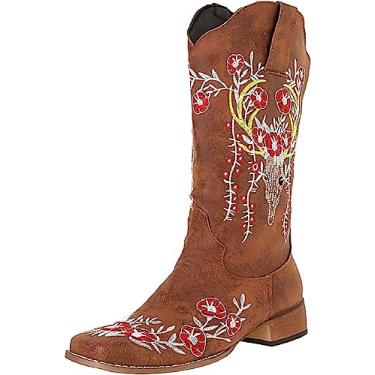 Imagem de Bota feminina de cowboy com bico fino bordado estilo caubói, salto plano, botas vintage de couro PU, Marrom, 9.5