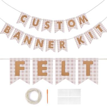 Imagem de Kit de banner personalizado, 28 faixas de serapilheira bege com 92 letras de feltro, faça seu próprio kit personalizável DIY para decorações de festa de casamento de aniversário