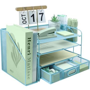 Imagem de Organizador de arquivos de mesa de 4 camadas com classificador de arquivos extra vertical, bandeja de papel com suporte de gaveta de papelaria, bandejas de arquivo de mesa de papel A4, suporte de