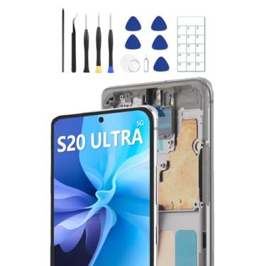 Imagem de Tela OLED de substituição para Samsung Galaxy S20 Ultra 5G Display OLED Touch Screen Digitalizador Assembléia suporta impressão digital com moldura + ferramentas + guia de substituição (S20U-prata