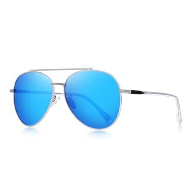 Imagem de Design masculino feminino clássico retrô rebite óculos de sol polarizados TR90 pernas design mais leve armação oval UV400, Armação prateada/lente espelhada azul, Lens Width: 51 Millimeters