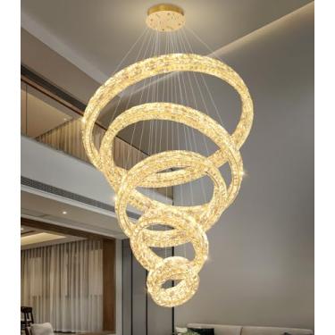 Imagem de AFQEJG Lustre de cristal de 101 cm, 5 anéis, lustres modernos, luminárias de teto reguláveis, pingente contemporâneo de luxo para sala de jantar, quarto, sala de estar, dourado