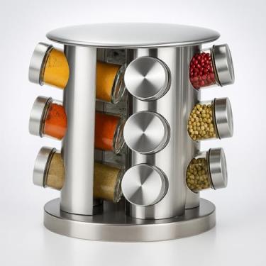 Imagem de Porta Temperos Giratório em Aço Inoxidável, Base Redonda, 12 Potes de Vidro, Organizador de Condimentos para Cozinha