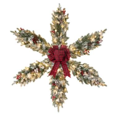 Imagem de YEAHOME Guirlanda de Natal grande de 120 cm, guirlanda de estrela de Natal pré-iluminada de 10 m para porta da frente com luzes de 120 L, gravata borboleta, frutas vermelhas, pinhas, floco de neve