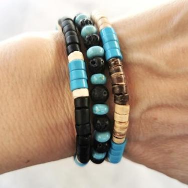 Imagem de 3 peças de contas de madeira turquesa pulseira de fio elástico de casca de coco, presente de casal moderno legal para o dia dos namorados unissex