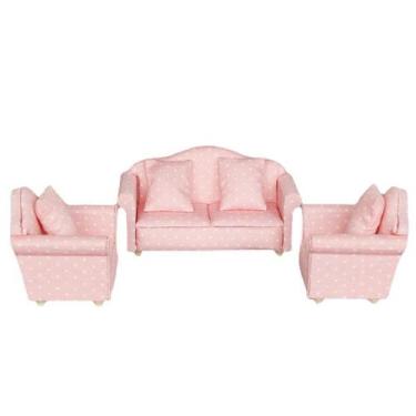 Imagem de Conjunto de sofás Dollhouse em miniatura em tecido rosa de bolinhas em