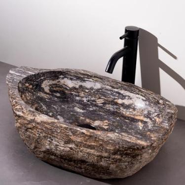 Imagem de MIDUSO Pia de embarcação de pedra irregular 100% feita à mão; pia de pedra real; pia de embarcação exclusiva; acima do balcão; pia de rocha de rio; banheiros rústicos de pias; Irre RiverStone 232